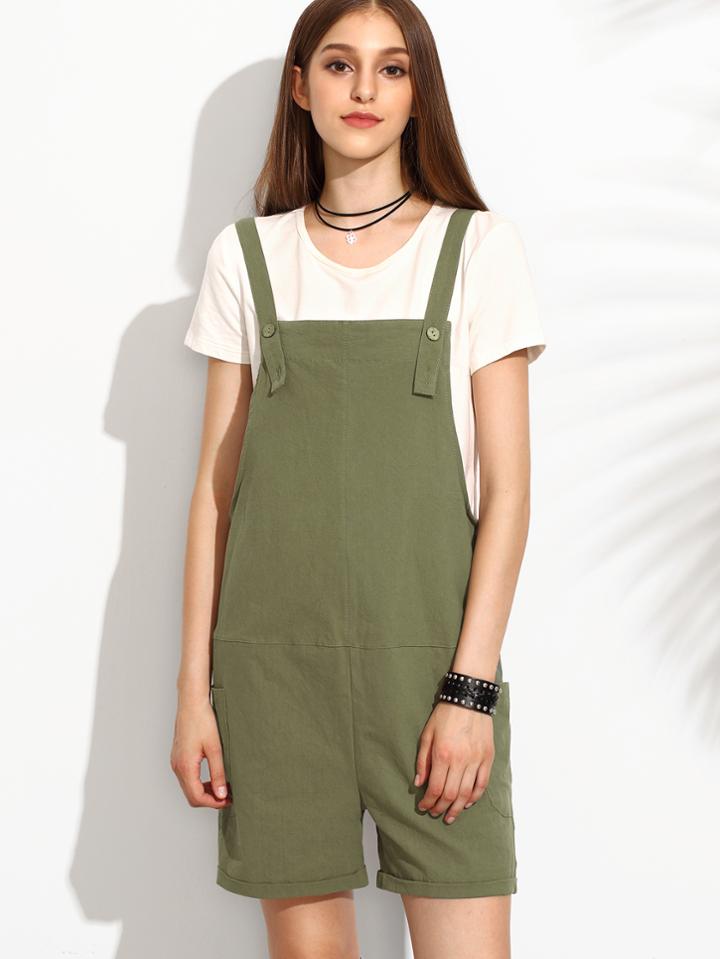 Shein Olive Green Utility Overall Shorts With Side Pocket