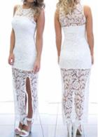 Rosewe Side Slit White Sleeveless Lace Splicing Dress