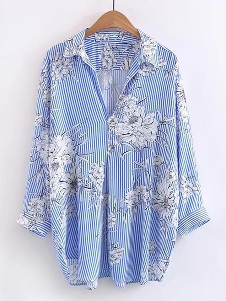 Shein Vertical Striped Floral Print Blouse