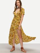 Shein Yellow Wrap Front Floral Print Split Dress