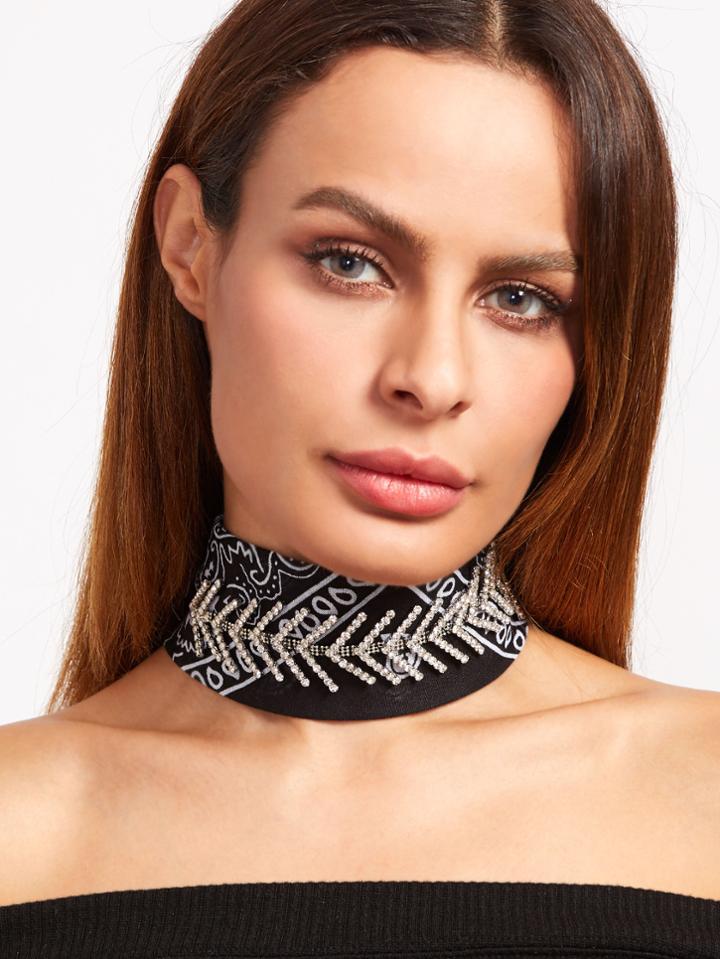 Shein Black Rhinestone Embellished Paisley Pattern Ribbon Choker