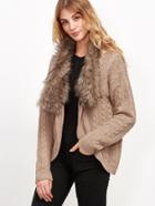 Shein Khaki Cable Knit Faux Fur Collar Cardigan