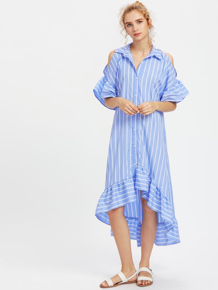 Shein Open Shoulder Fluted Sleeve Frilled Staggered Hem Dress