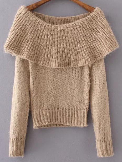 Shein Khaki Boat Neck Long Sleeve Sweater