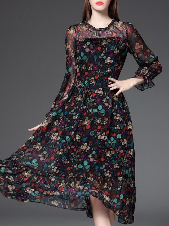 Shein Black Ruffle Sleeve Print A-line Dress
