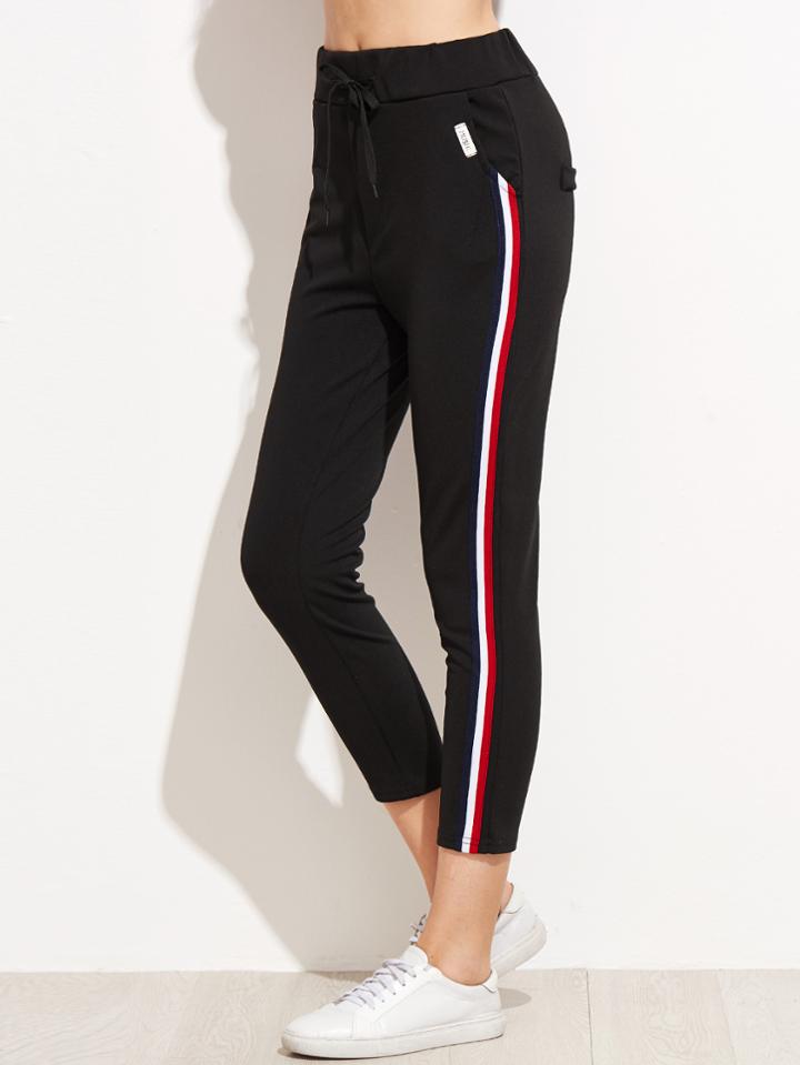 Shein Black Striped Side Drawstring Pants