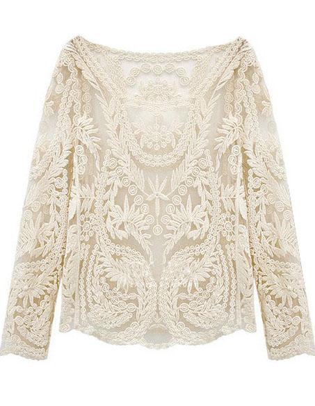 Shein Beige Long Sleeve Hollow Crochet Lace Blouse