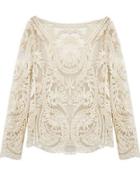 Shein Beige Long Sleeve Hollow Crochet Lace Blouse