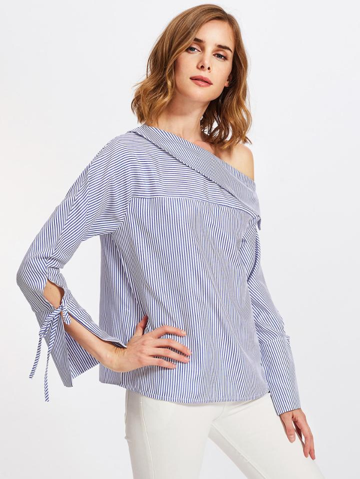 Shein Fold Over Oblique Shoulder Striped Blouse
