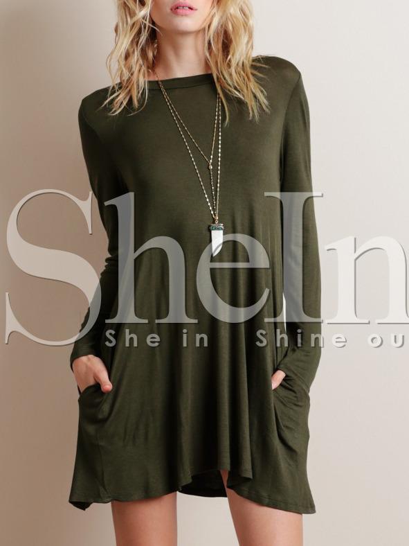 Shein Green Boat Neck Keyhole Back Pockets Dress