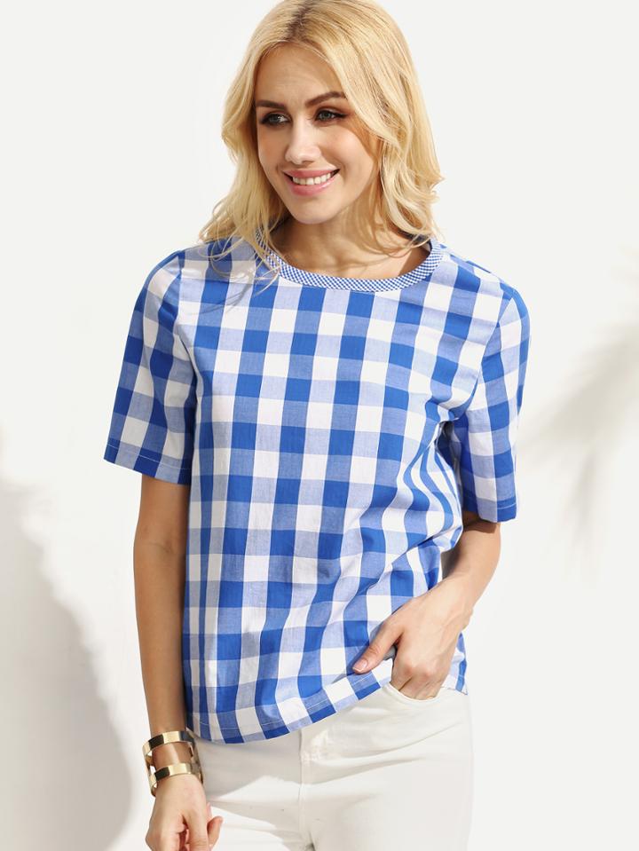 Shein Blue Gingham Short Sleeve Blouse