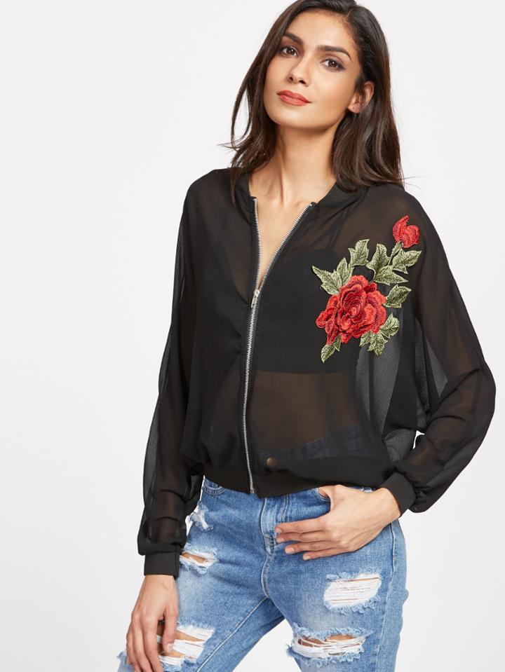 Shein Black Embroidered Appliques Sheer Mesh Jacket