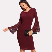 Shein Lace Flounce Sleeve Ribbed Pencil Dress