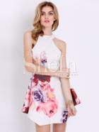 Shein White Sleeveless Floral Painted Patterns Print Dress