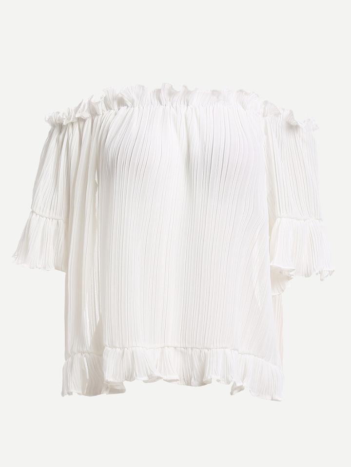 Shein White Boat Neck Ruffle Hem Pleated Shirt