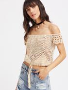 Shein Off Shoulder Tasseled Drawstring Hem Hollow Out Crochet Top