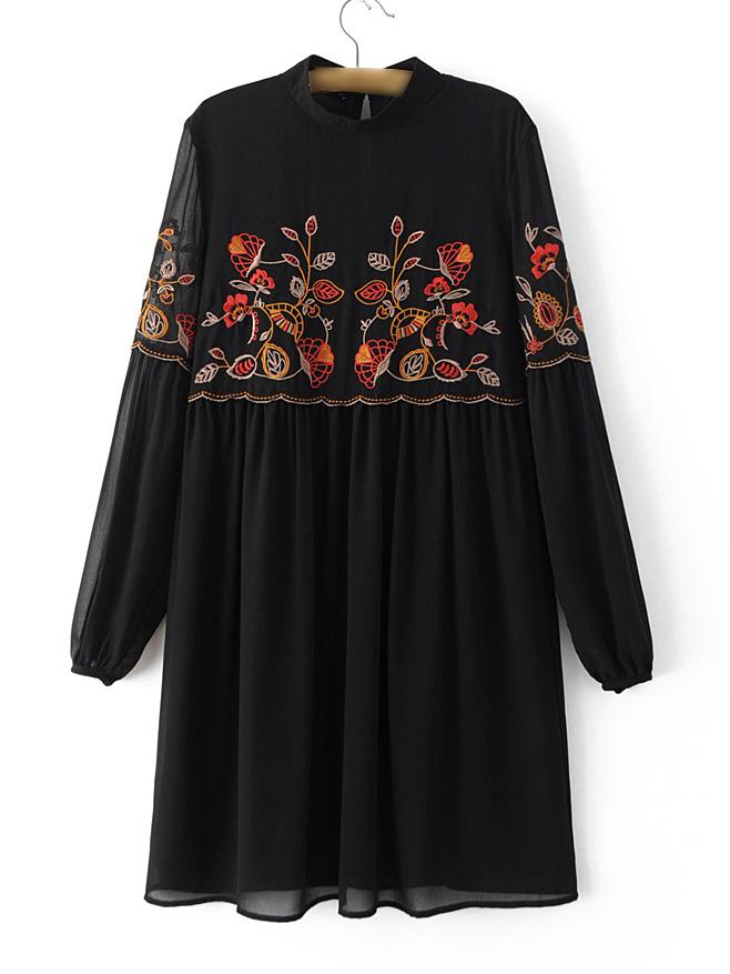 Shein Black Stand Collar Elastic Cuff Embroidery Vintage Dress