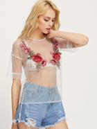Shein Rose Embroidered Applique Sheer Mesh Top