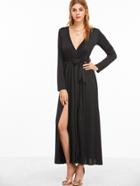 Shein Black Deep V Neck Slit Front Wrap Dress With Belt