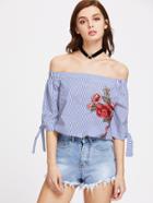 Shein Rose Patch Elasticized Off Shoulder Tie Sleeve Striped Top