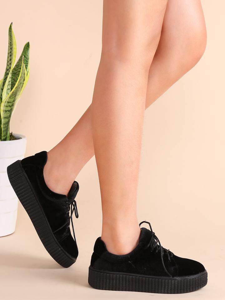 Shein Black Lace Up Velvet Platform Shoes
