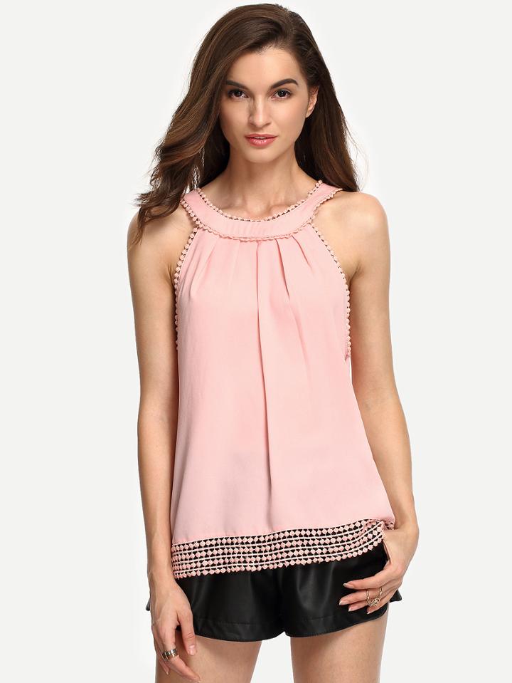 Shein Pink Sleeveless Bow Tie Back Pleated Tank Top