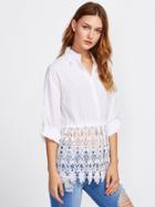 Shein Lace Crochet Contrast Roll Up Sleeve Shirt