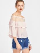 Shein Contrast Mesh Bardot Neck Frill Blouse