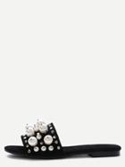 Shein Black Open Toe Faux Pearl Inlay Studded Slippers