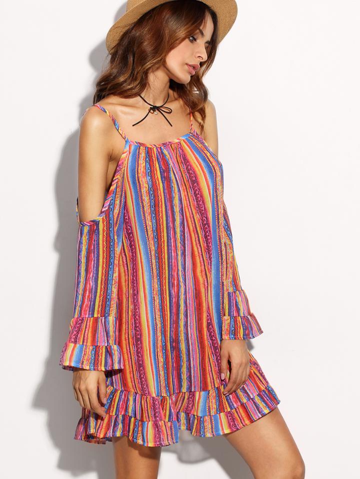 Shein Multicolor Print Cold Shoulder Ruffle Hem Dress