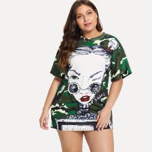 Shein Plus Girl Print Camouflage Tee