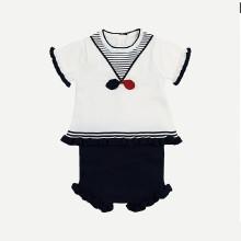 Shein Girls Button Back Frill Striped Blouse With Plain Shorts
