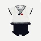 Shein Girls Button Back Frill Striped Blouse With Plain Shorts