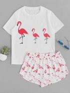 Shein Allover Flamingo Print Top With Shorts Pajama Set