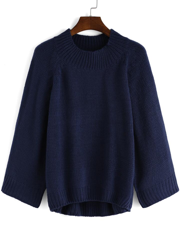 Shein Blue Mock Neck Dip Hem Loose Sweater