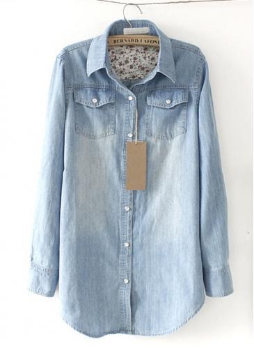 Rosewe Light Blue Button Closure Long Sleeve Denim Blouse