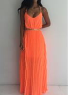 Rosewe Pleated Orange Open Back Sleeveless Maxi Dress