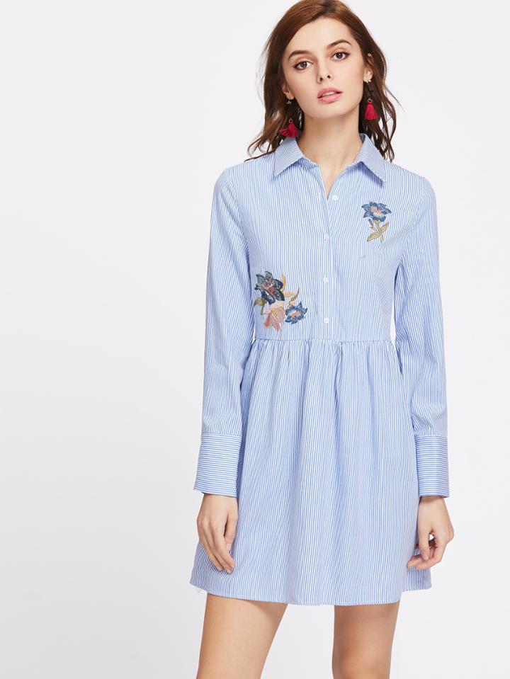 Shein Flower Embroidered Half Placket Striped Babydoll Shirt Dress