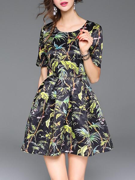 Shein Black Leaves Print A-line Dress
