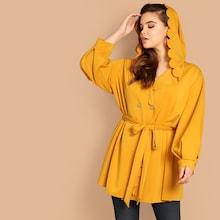 Shein Plus Scalloped Trim Double Breasted Hoodie Coat