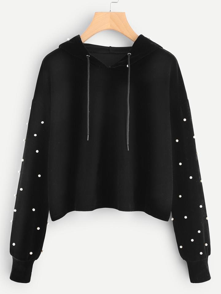 Shein Pearl Beading Drop Shoulder Velvet Hoodie