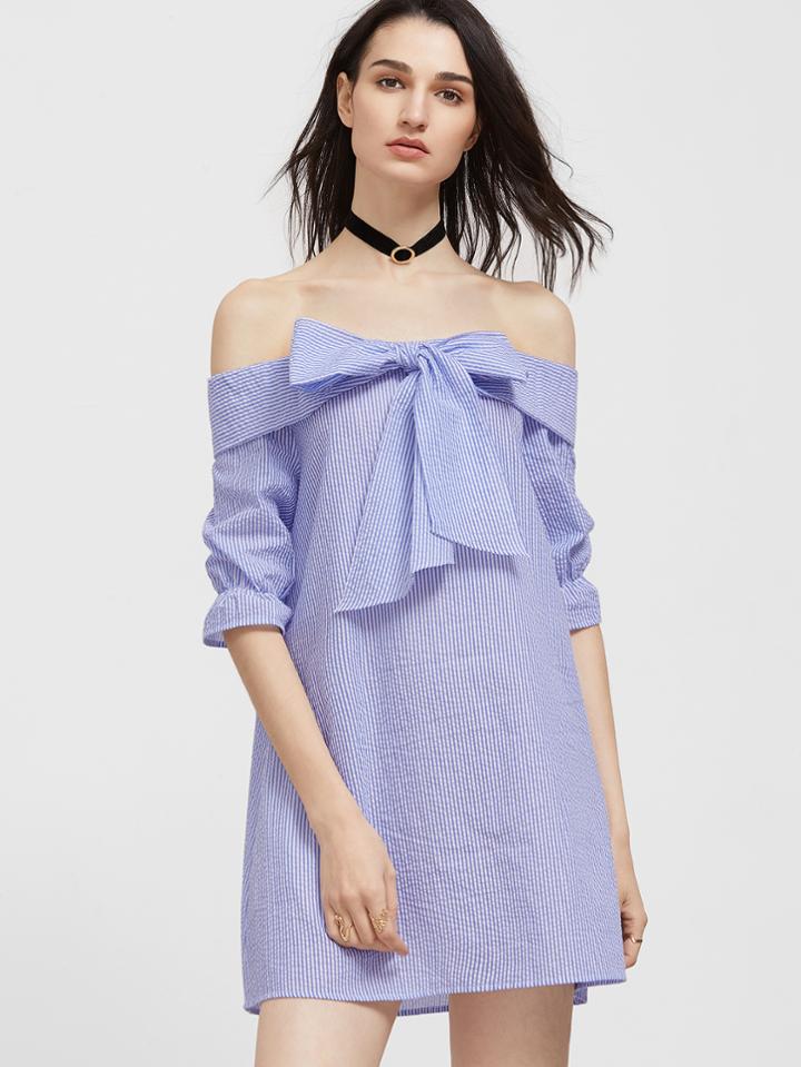 Shein Blue And White Striped Bow Tie Fold Off The Shoulder Dress