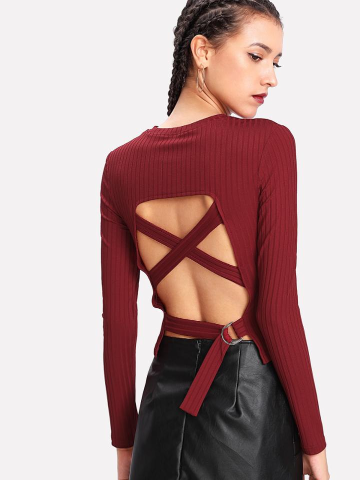 Shein Crisscross Open Back Ribbed T-shirt