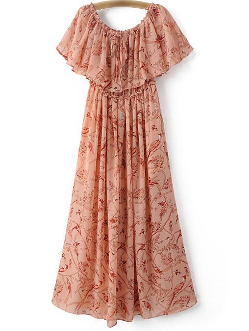 Shein Pink Ruffle Boat Neck Chiffon Print Midi Dress