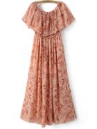 Shein Pink Ruffle Boat Neck Chiffon Print Midi Dress
