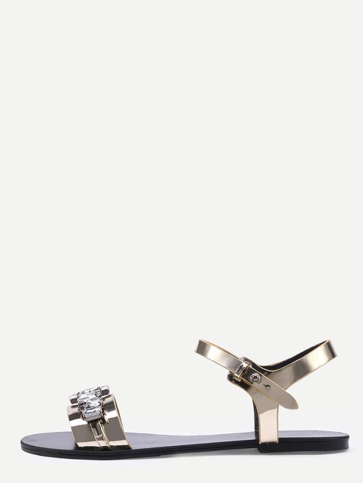 Shein Rhinestone Embellished Faux Leather Sandals - Light Gold