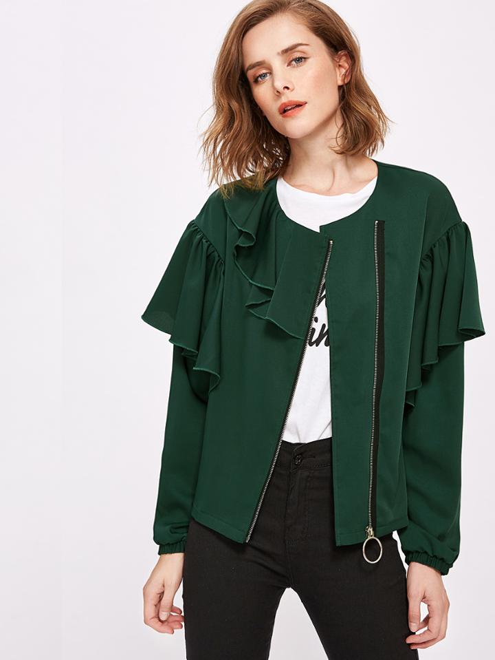 Shein Flounce Trim Zip Up Jacket