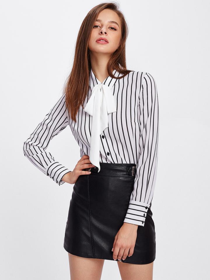 Shein Tie Neck Vertical Striped Blouse