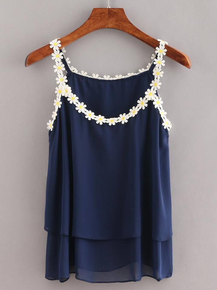Shein Daisy Lace Trimmed Layered Chiffon Cami Top - Navy
