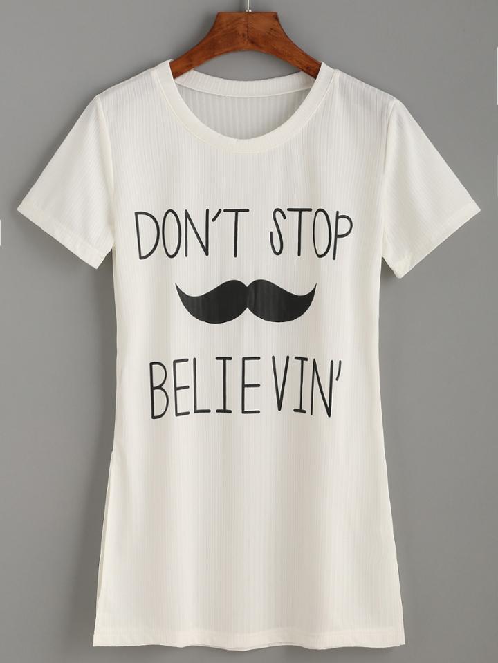 Shein White Letter Print Slit Side T-shirt